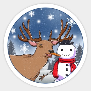 Hungry Deer and Snowman Sticker